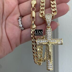 New 14k yellow gold Cuban link chain and cross Jesus pendant set